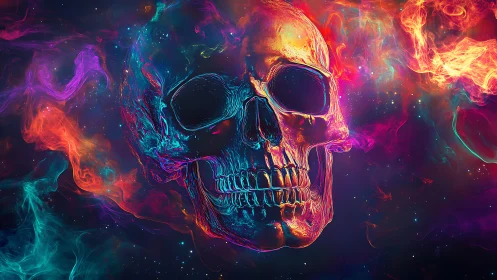 Vivid cosmic skull glows brightly in swirling neon nebula