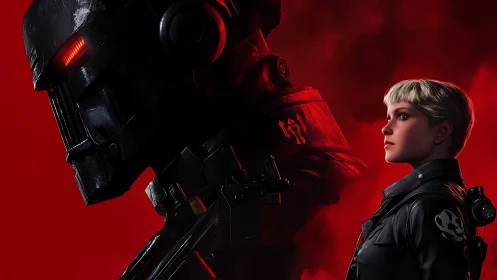 Militarized android and stoic soldier rendered in high-contrast 3D