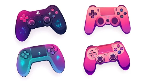 Neon gradient PlayStation controllers with stylized dual analog