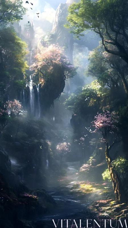Volumetric Canyon Landscape with Atmospheric Depth Rendering and Luminous Waterfall