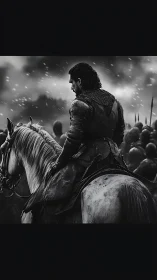 Monochrome mounted warrior in cinematic battle composition.