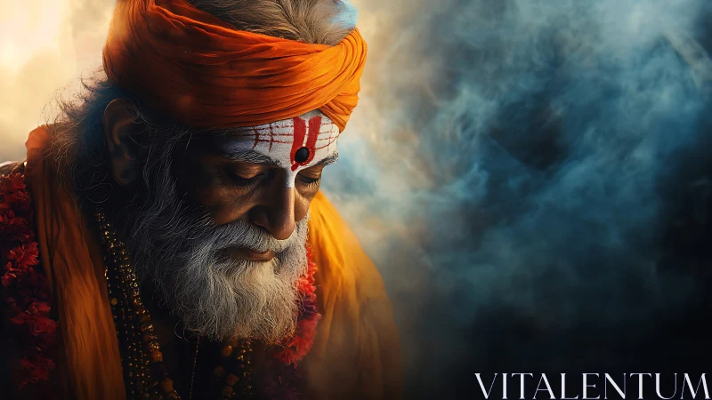 Elderly Hindu sadhu in orange robe bathed in mystical light