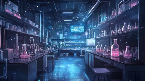Neon-lit futuristic chemistry laboratory with glowing reagents