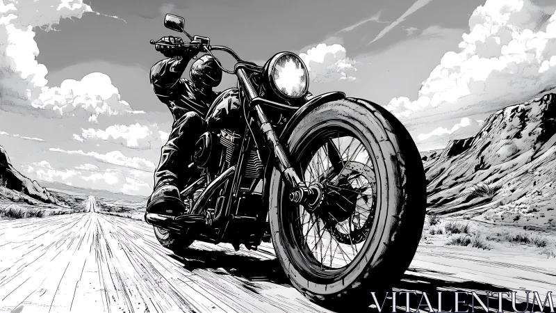 Motorcycle rider powers through endless desert highway.