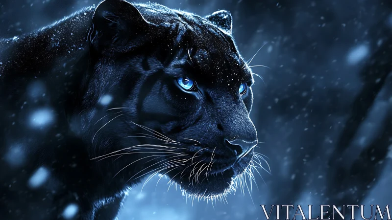 Black Leopard with Luminous Eyes in Snowstorm Environment.