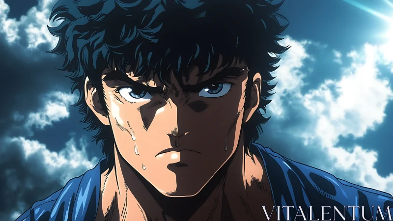 Storm-lit anime hero holding steady in a fierce resolve.