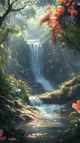 Layered forest waterfall with flowering vegetation.