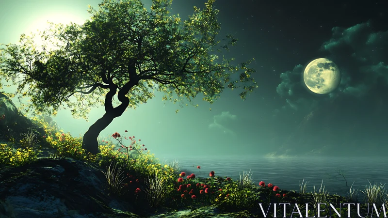 Moonlit lakeside tree over glowing nocturnal shoreline.