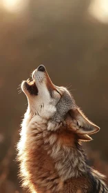 Howling wolf portrait in golden backlight profile view.
