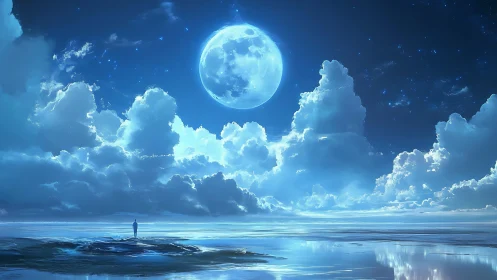 Solitary figure watches luminous full moon above ocean