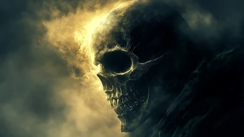 Smoldering skull emerging from swirling golden shadowed fog.