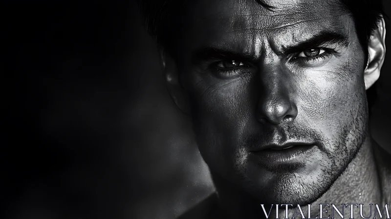 High-contrast monochrome male portrait, tight facial close-up.