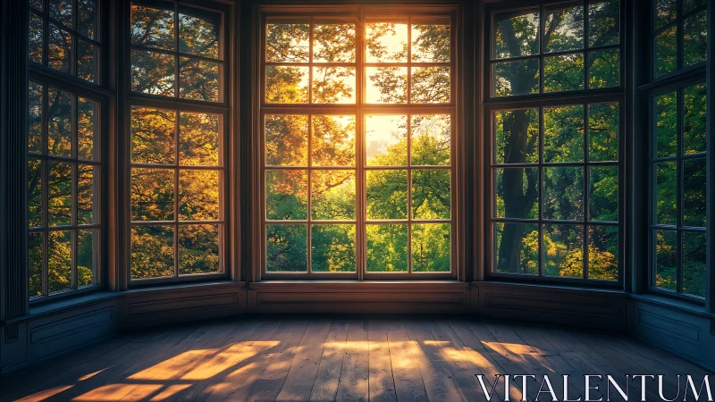 Sunlit forest view fills empty bay window interior