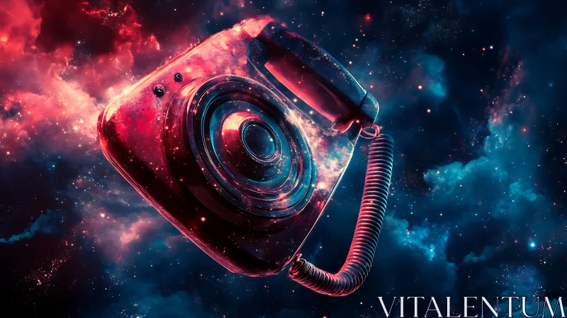 Retro rotary phone drifts through nebulae in neon cosmic space