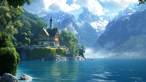 Alpine Chapel Perched on Mountain Lake. Majestic Swiss Peaks Behind.