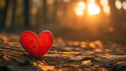A Glowing Red Heart Resting in Nature's Golden Embrace