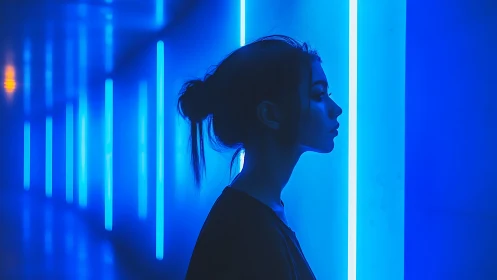 Neon side profile isolates subject in monochrome cyan corridor