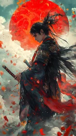 Samurai figure before red sun amid swirling petals and clouds.