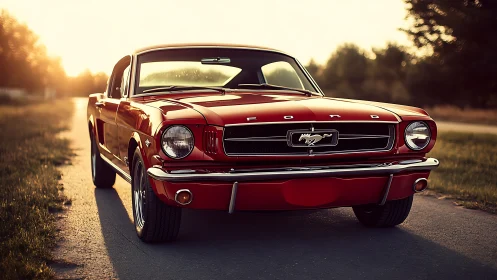 Red classic Ford Mustang is parked on a rural roadway