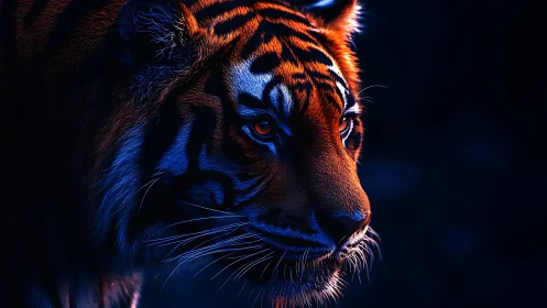 Bicolor rim‑lit tiger portrait in high-contrast digital chiaroscuro.