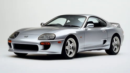 Silver Toyota sports coupe in controlled studio setting.