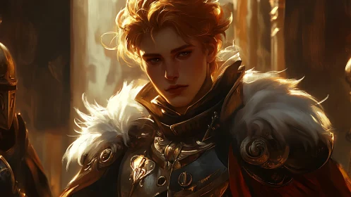 Golden knight portrait in ornate fur-trimmed armor.