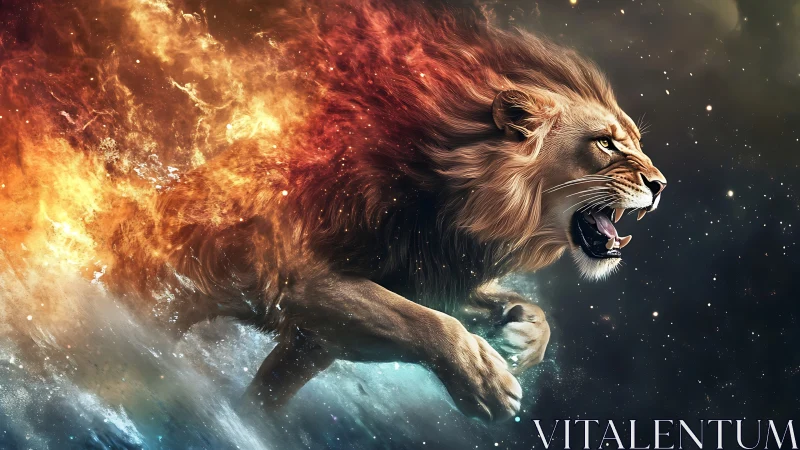 Lion figure emerging through fire and water in space.