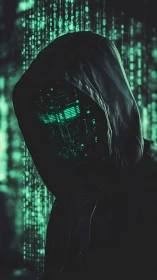 Hooded cyber entity emerges from glowing green data rain