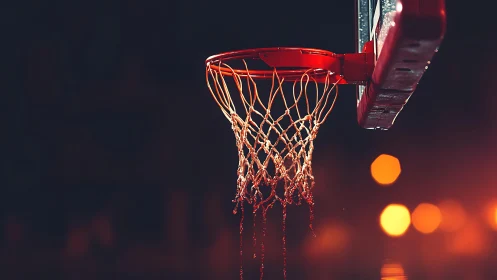 Wet basketball hoop under stadium bokeh lights at night.