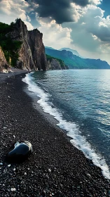 Storm-tipped cliffs lean over a pebble shore in quiet suspense