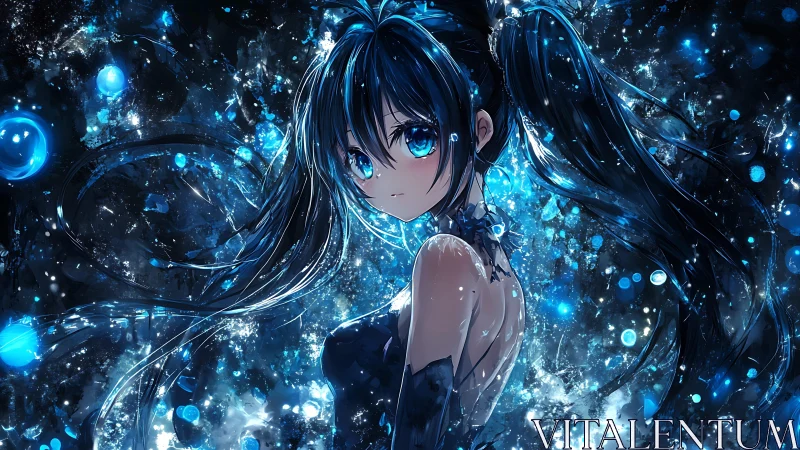 Celestial blue-haired anime girl rendered in luminous particle field