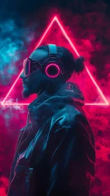 Neon-lit music lover stands strong in glowing pink triangle