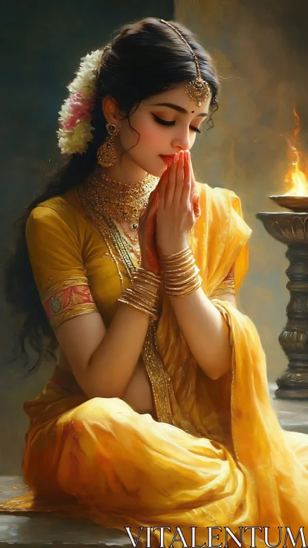 Devotional Indian woman in golden sari beside sacred flame