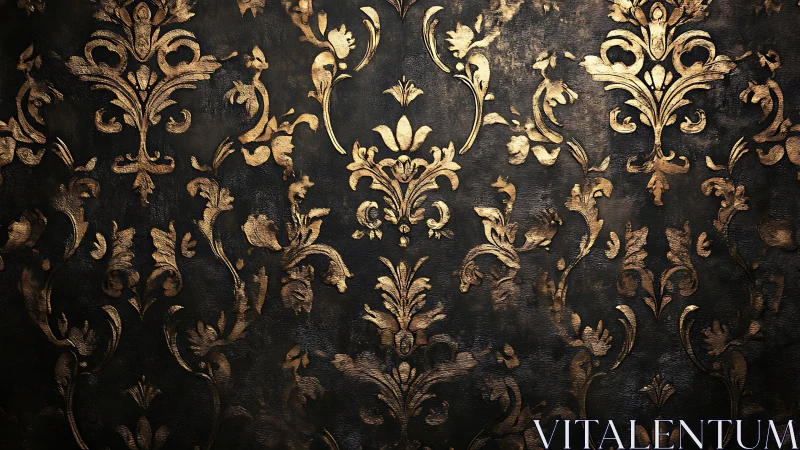 Ornate gold damask pattern on dark textured background.