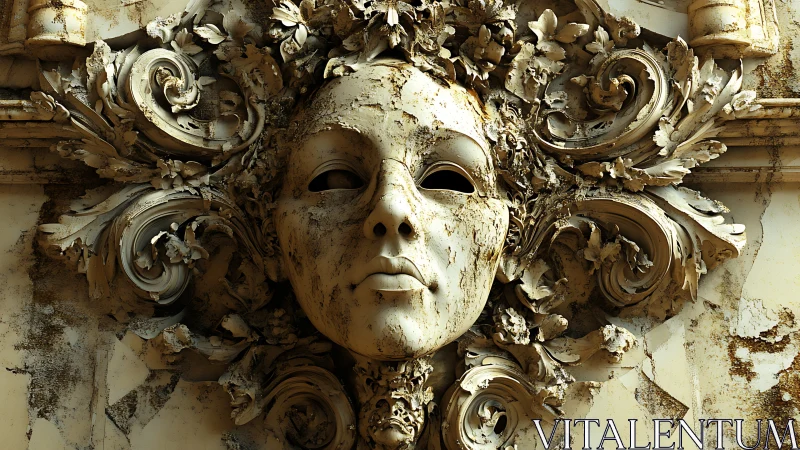 Weathered baroque stone mask dominates ornate façade relief