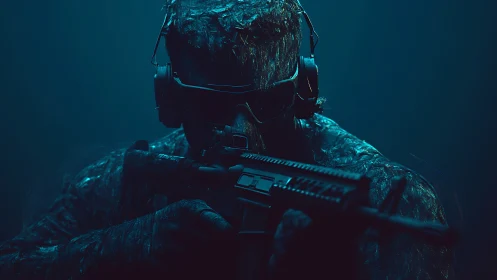 Silent specter leans from the blue gloom with rifle ready