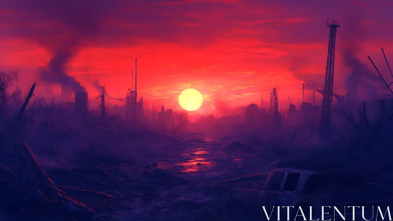 Glowing sunset gently softens a haunting ruined cityscape.