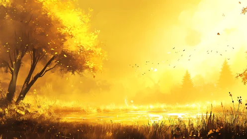 Backlit deciduous tree beside reflective pond in golden haze