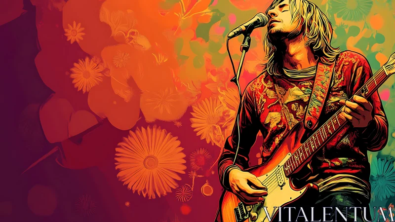 Psychedelic vector portrait of electric guitarist in performance.