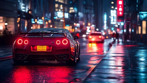 Rear view sports coupe in neon‑lit rainy street with specular glare