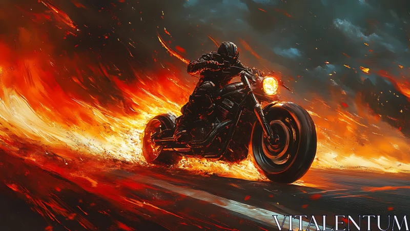 High-speed motorcycle rider cutting through explosive firestorm