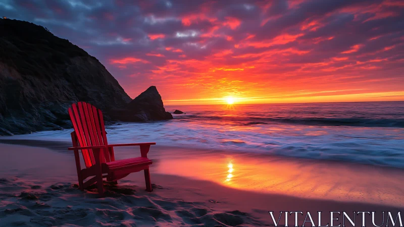 Cozy red beach chair soaking in a glowing seaside sunset.