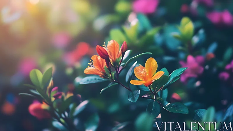 Orange flowers with green foliage in garden setting.