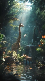Giraffe and forest wildlife share sunlit jungle waterhole