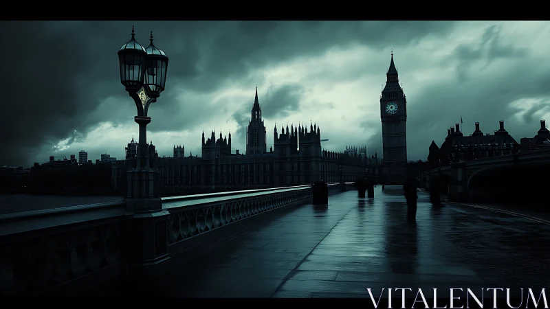 Nocturnal Westminster bridge under stormlit teal skies.