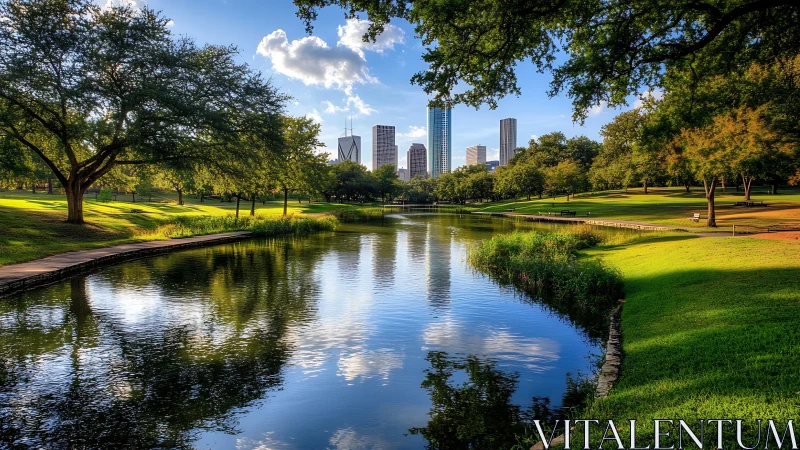 Urban skyline reflected across tranquil lakeside parkland