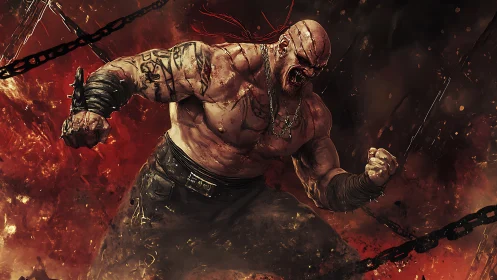 Fierce chained warrior roaring from a storm of embers.