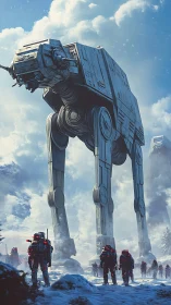 Giant quadruped combat walker advances over snowy troops