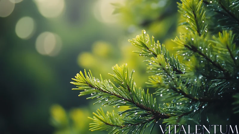 Morning dew crowns emerald pine needles in forest hush.