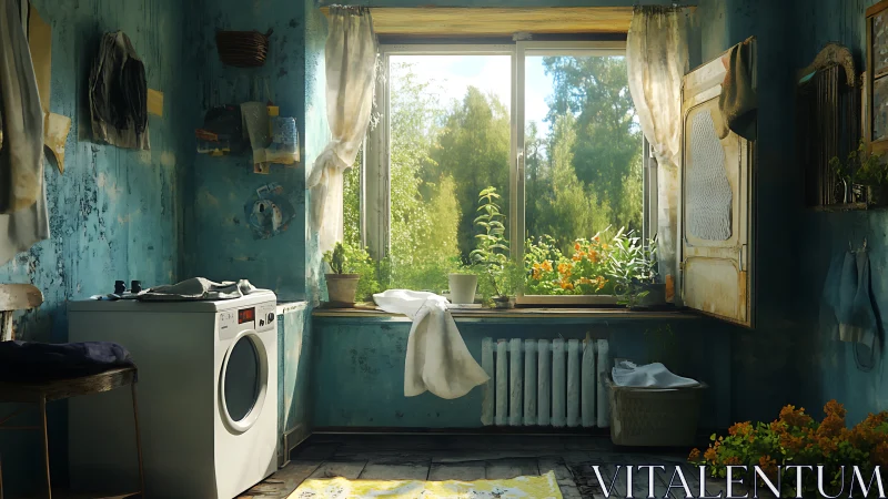 Sunlit rustic laundry room rendered in warm photoreal detail